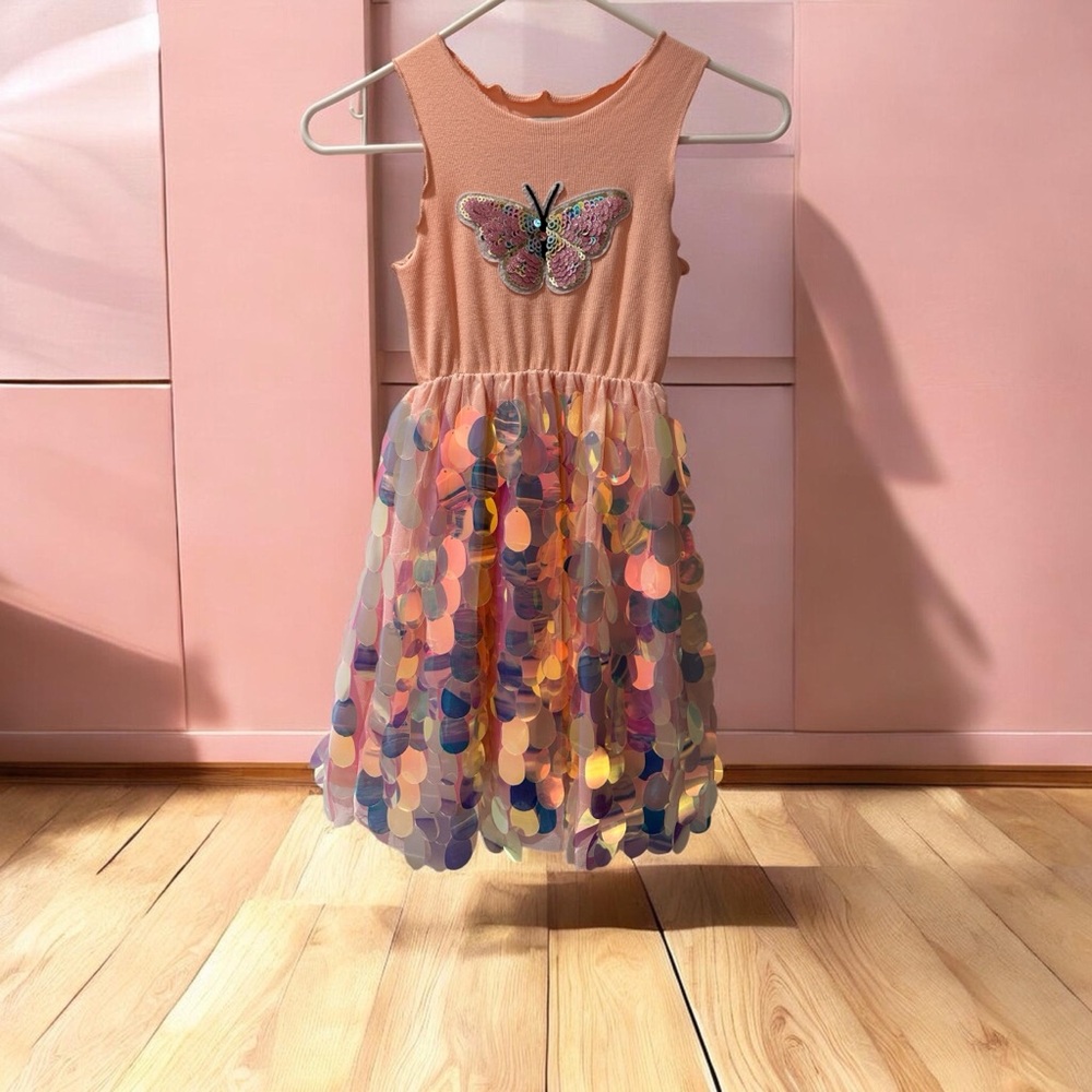 Lola Peach and Multicolor Butterfly Sequin Dress